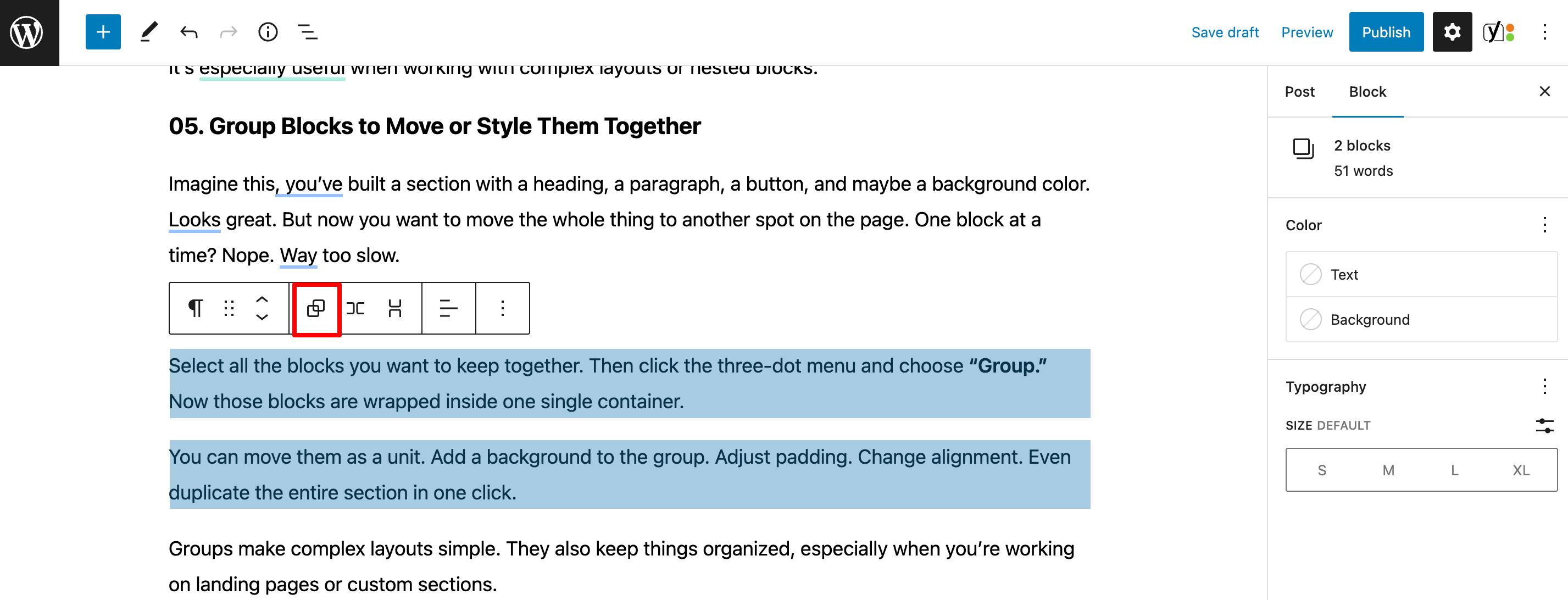 Gruppenblock des WordPress Gutenberg -Editors