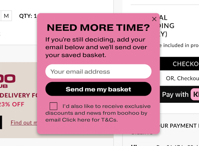 Ejemplo de un formulario de captura de dirección de correo electrónico - Fuente: Boohoo