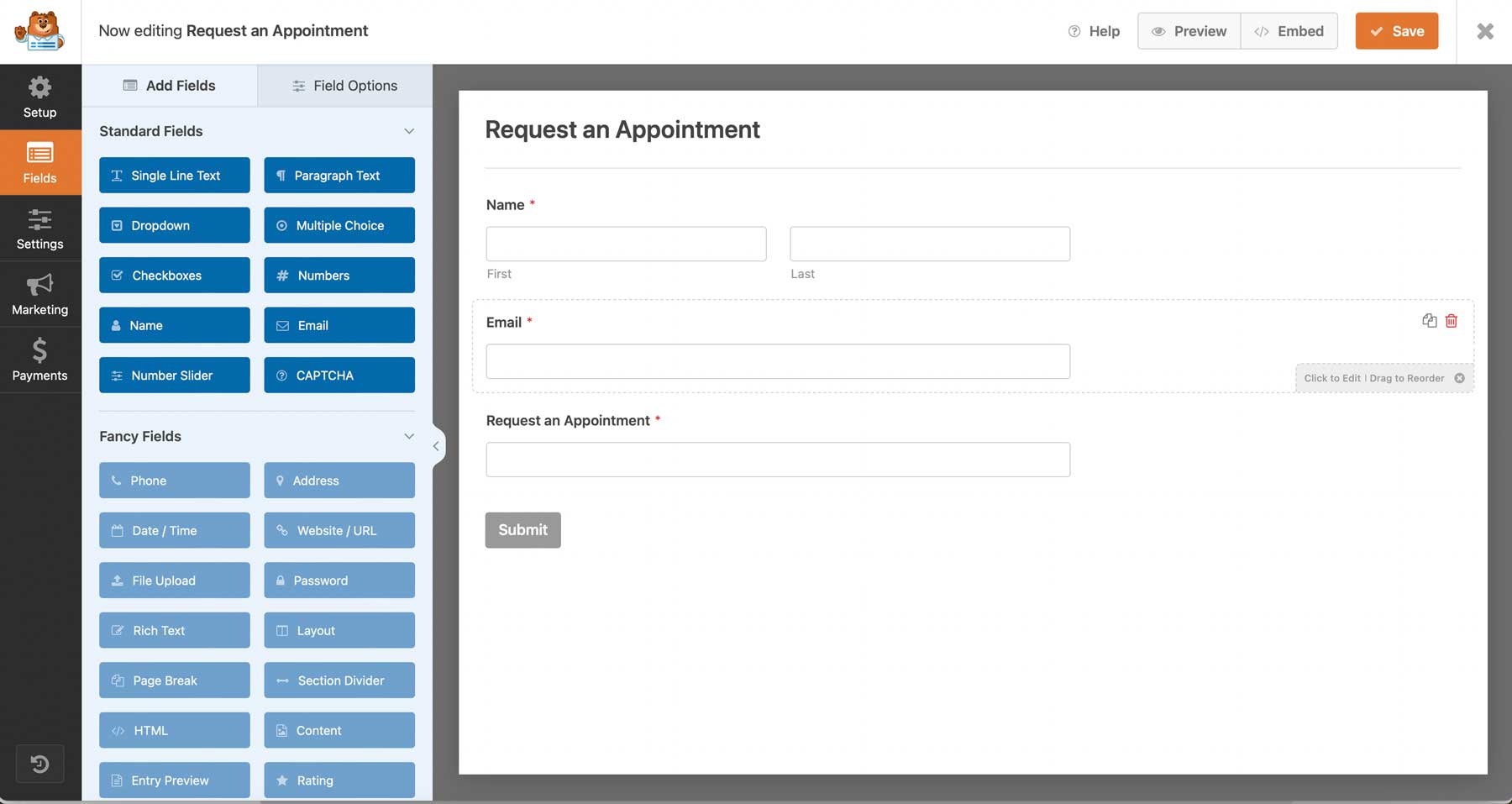 Interfejs WPForms Forms Builder