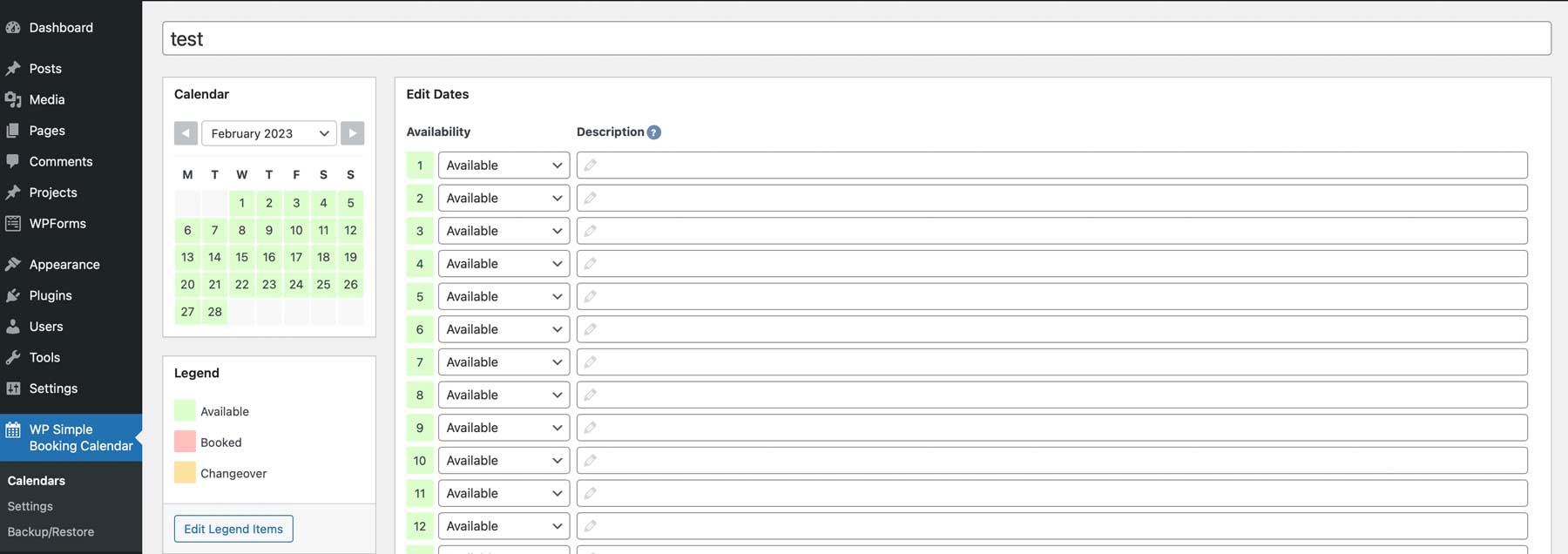 Ustawienia wtyczki w PPRosty WP Simple Booking Calendar