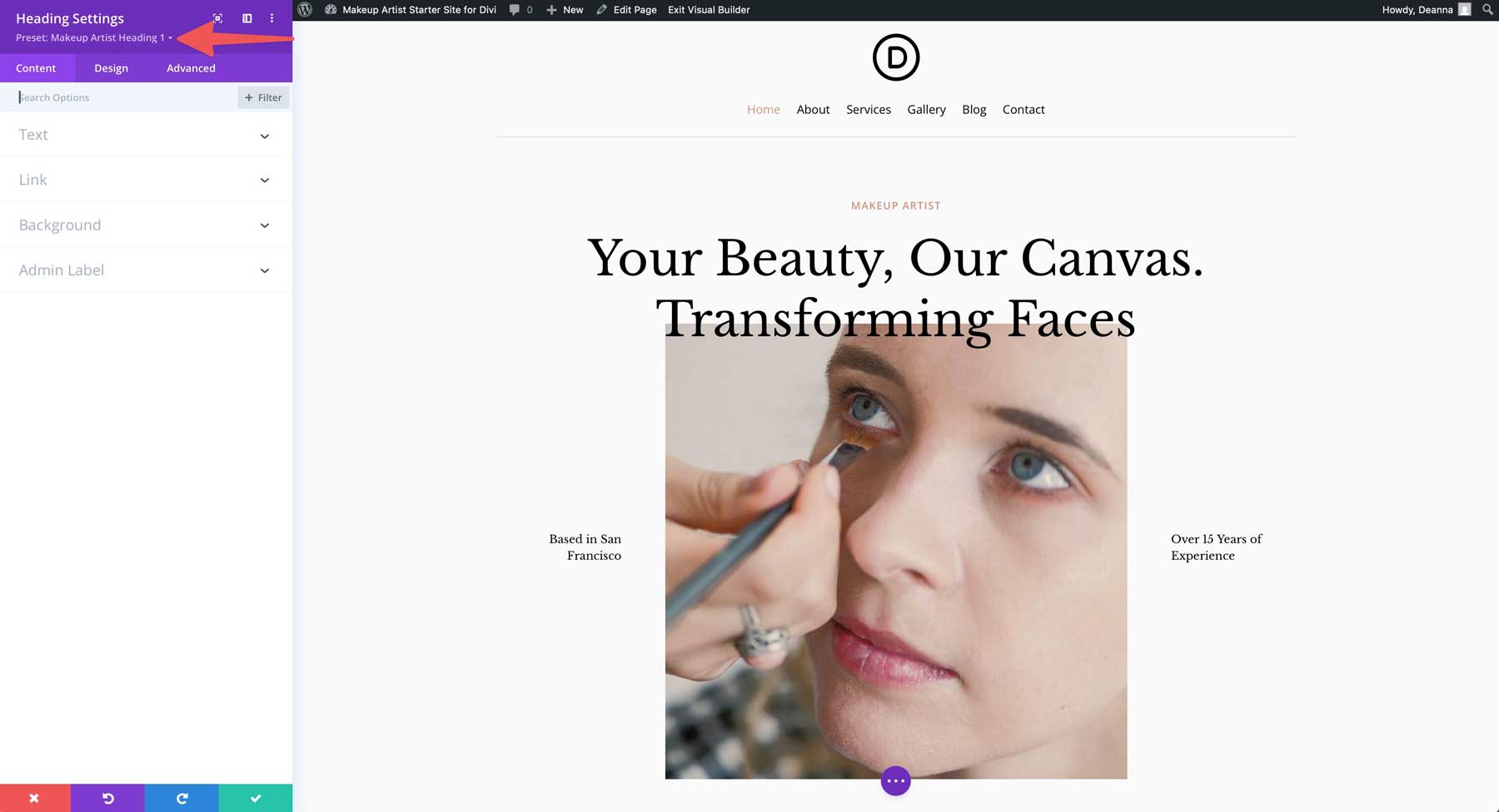 Site de pornire a artistului de machiaj pentru Divi