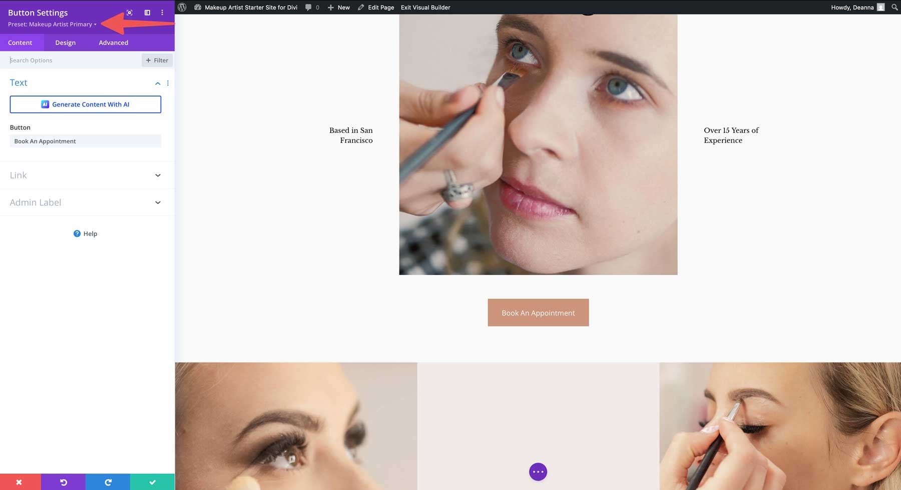 Site de pornire a artistului de machiaj pentru Divi