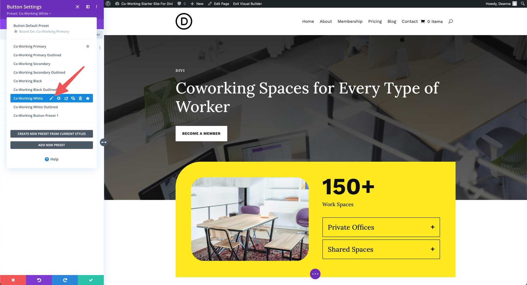 Site de démarrage de co-travail pour divi