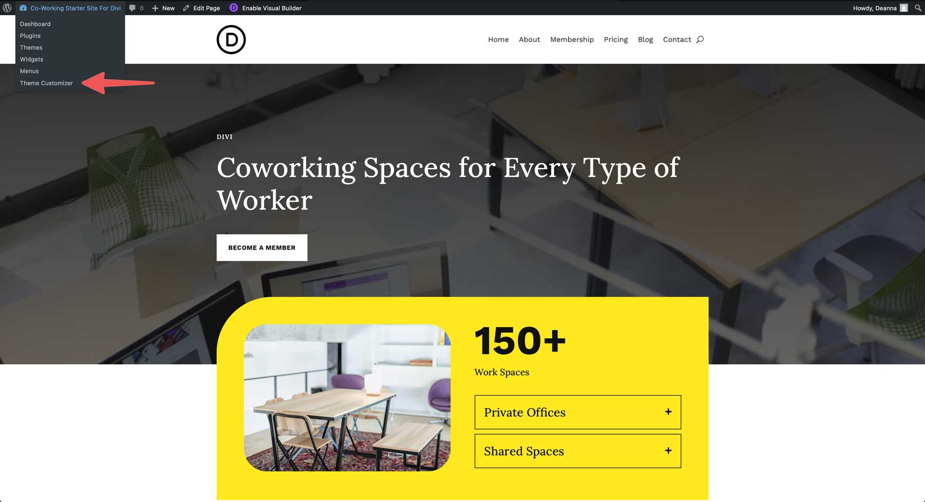 Site de démarrage de co-travail pour divi