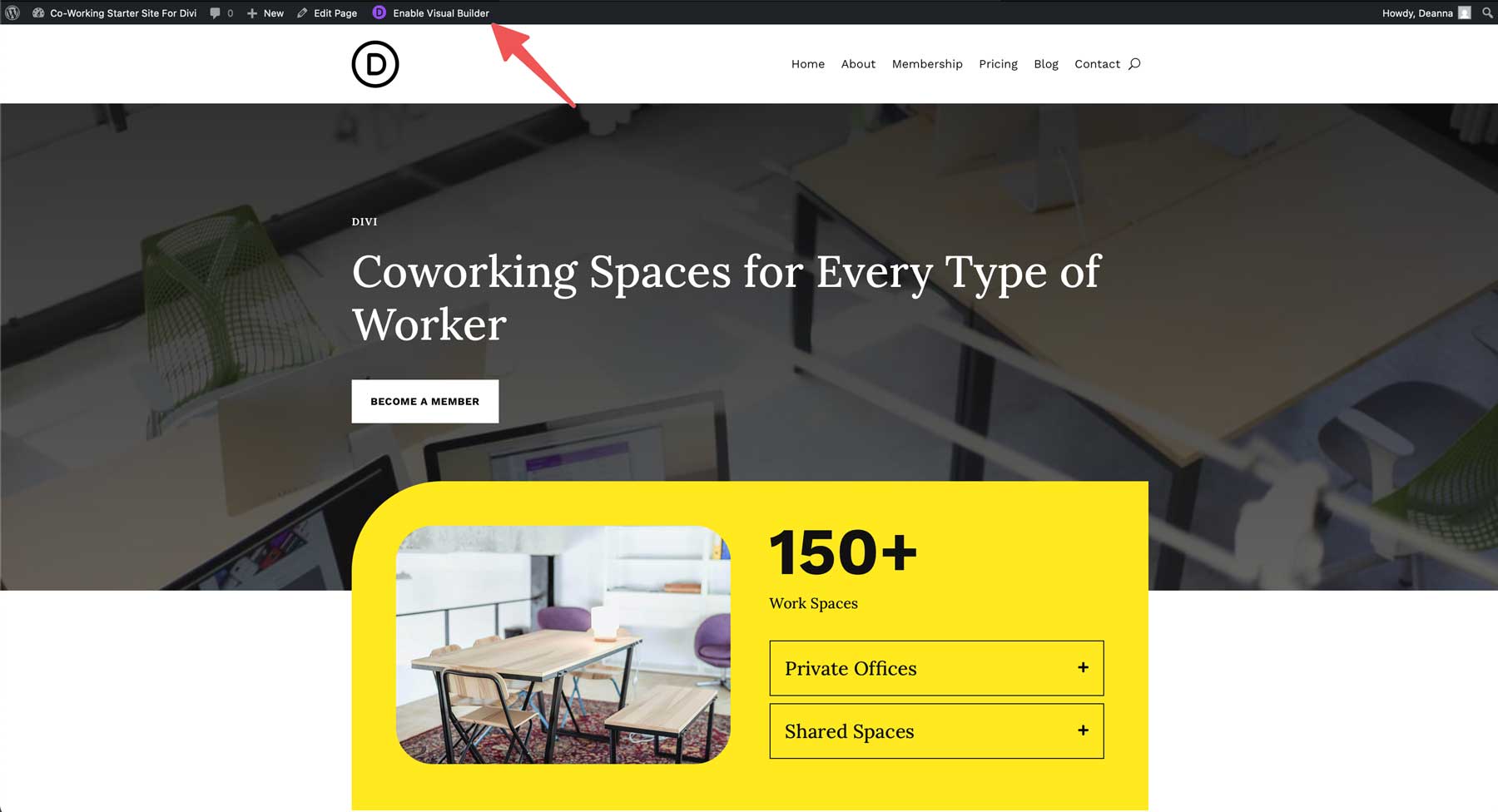 Site de démarrage de co-travail pour divi