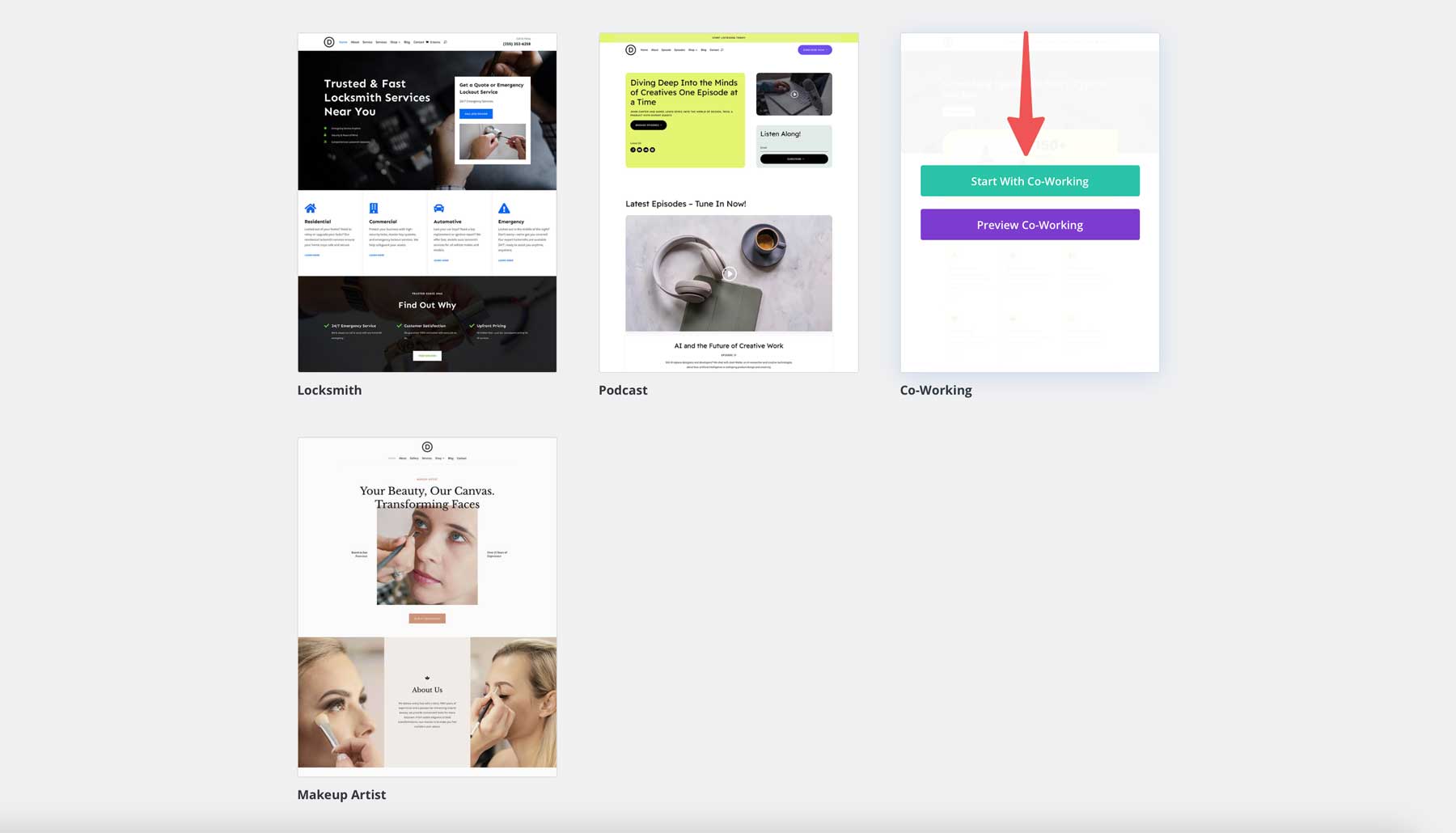 Site de démarrage de co-travail pour divi