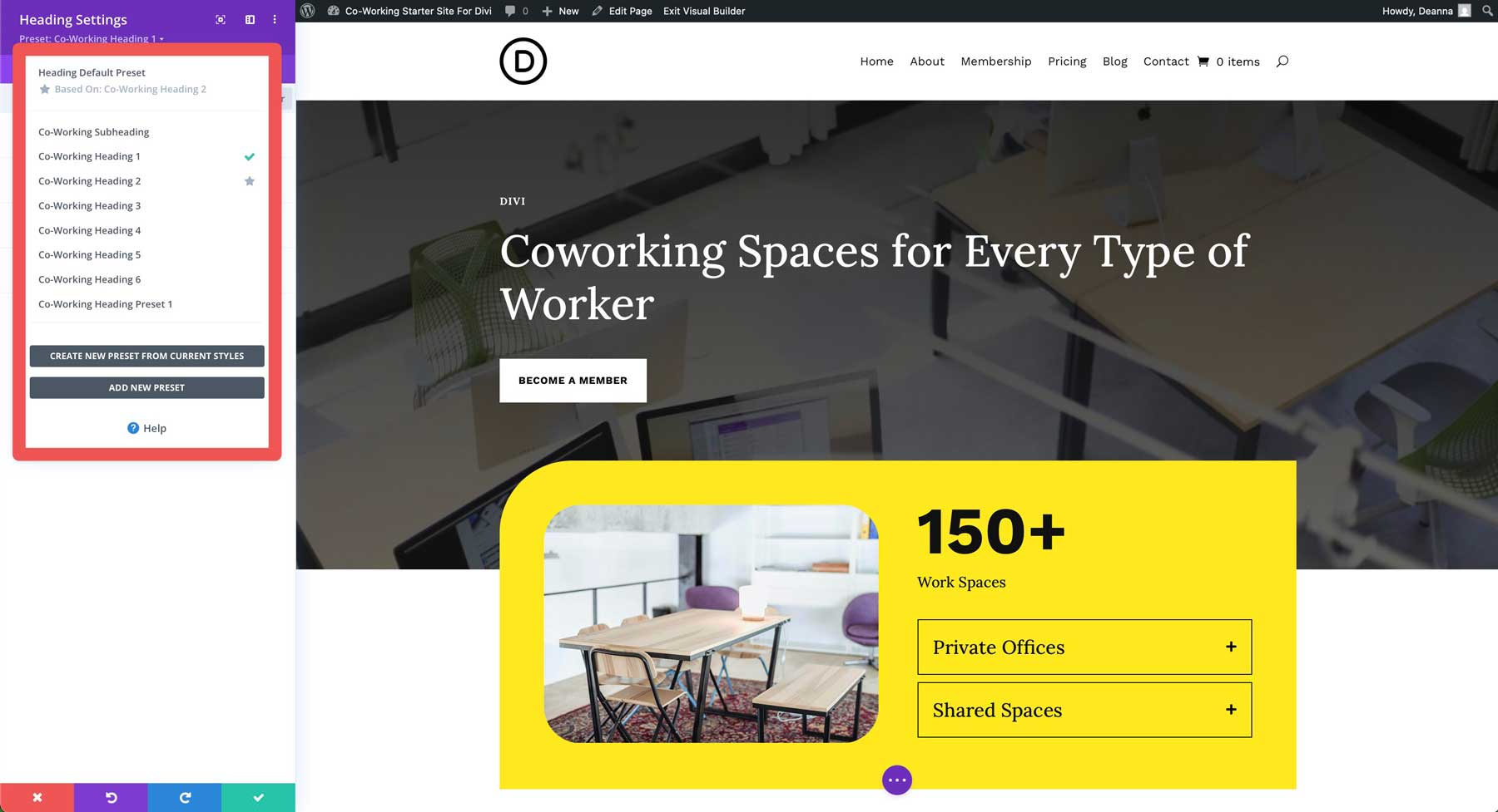 Site de démarrage de co-travail pour divi
