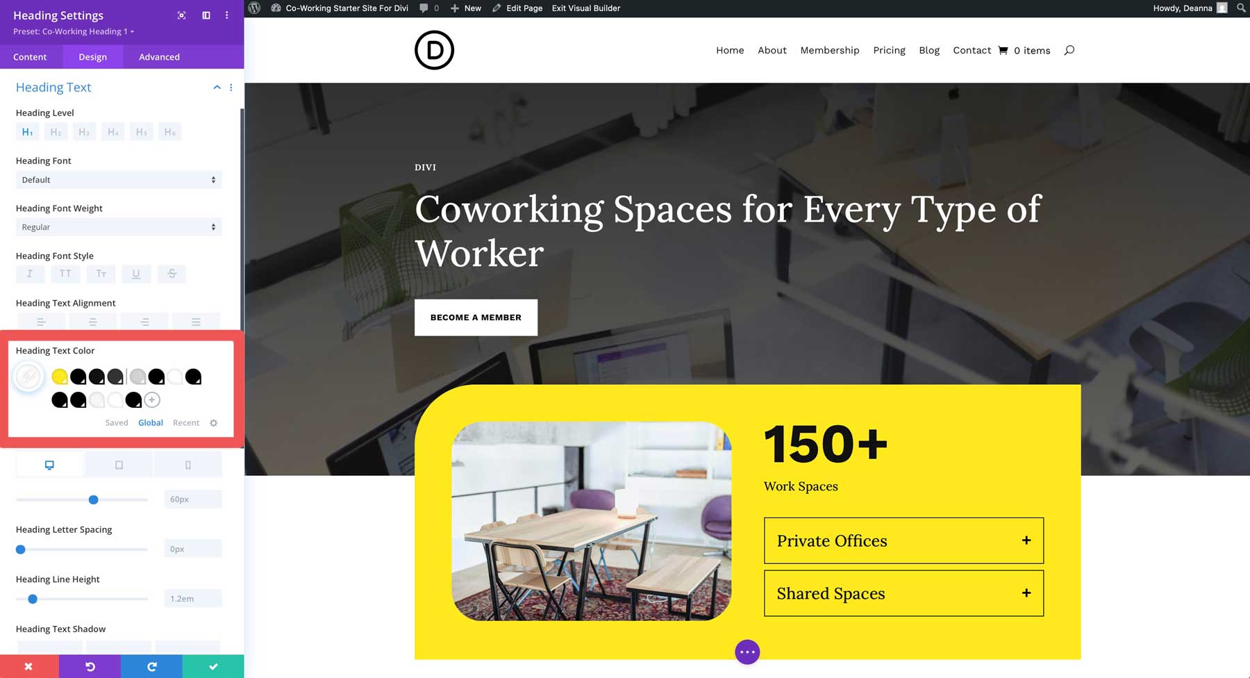 Site de démarrage de co-travail pour divi