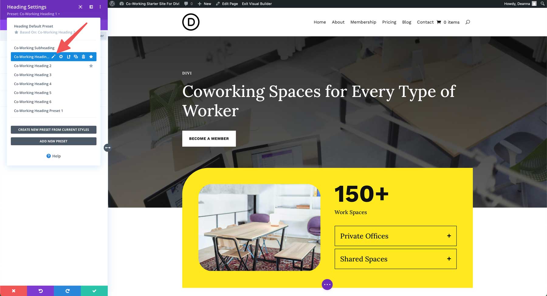 Site de démarrage de co-travail pour divi