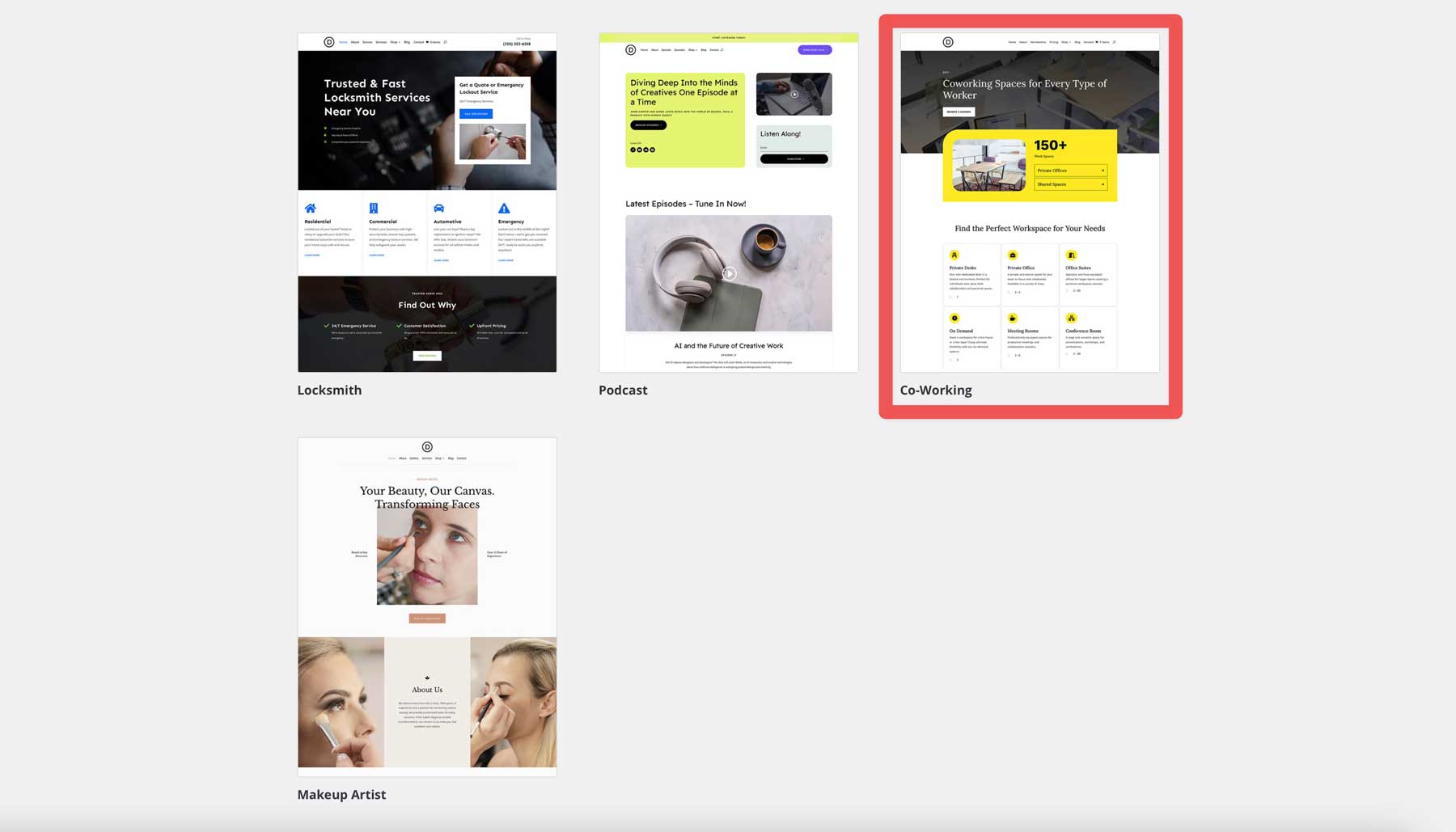 Site de démarrage de co-travail pour divi