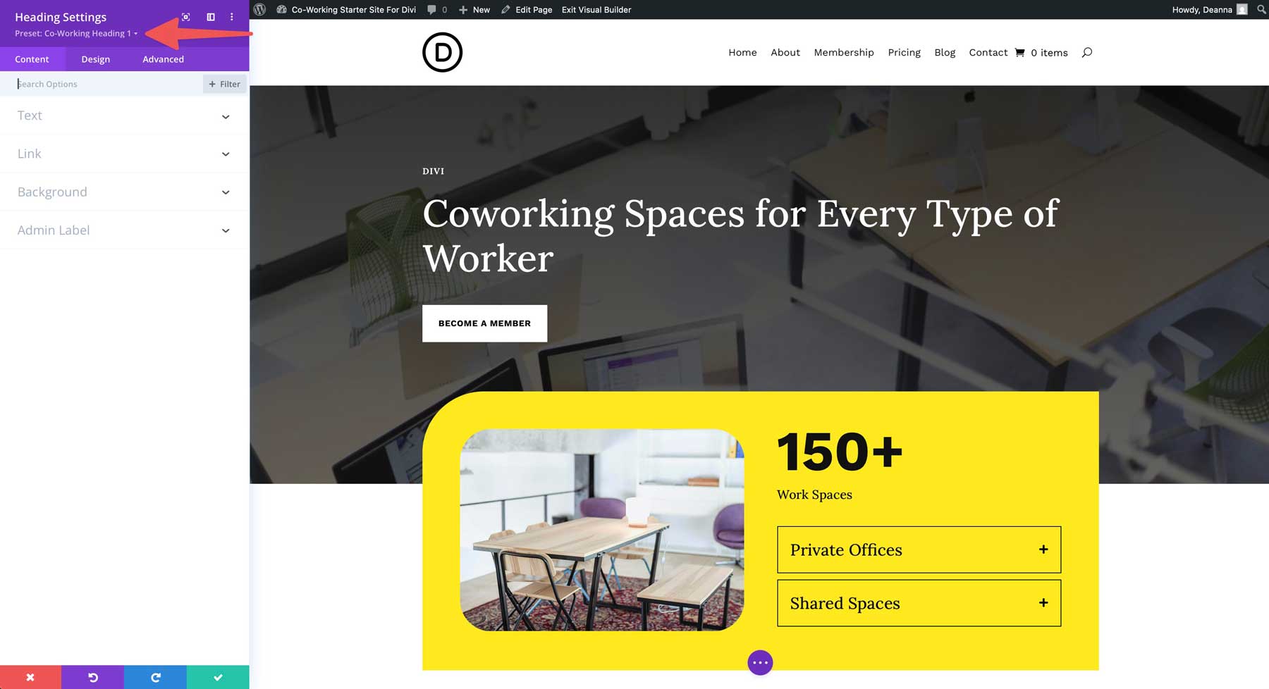 Site de démarrage de co-travail pour divi