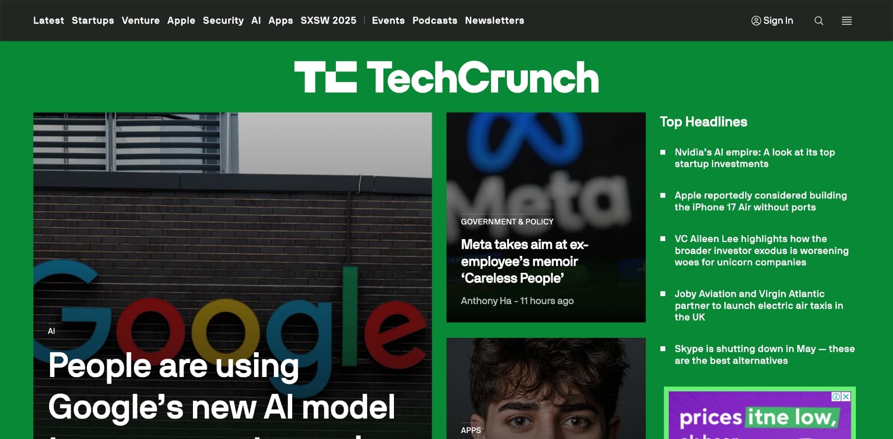 TechCrunch WordPress web sitesi örneği