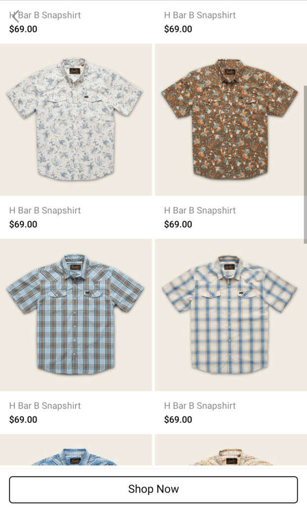 Esta ilustración muestra 6 camisas con precios como un anuncio reorientado con una nueva colección