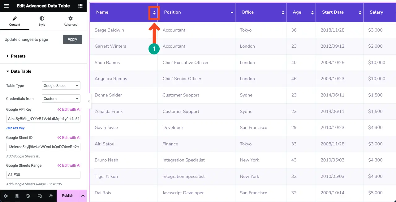 Как встроить лист Google в таблицу WordPress и сделать его сортировкой 13 Sorting option is enabled in the table