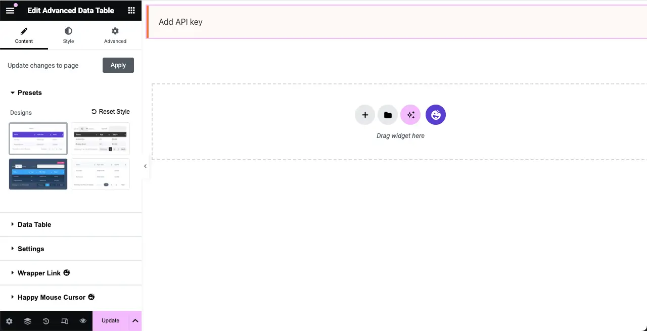 Как встроить лист Google в таблицу WordPress и сделать его сортировкой 3 The Advanced Data Table widget is added to the editor