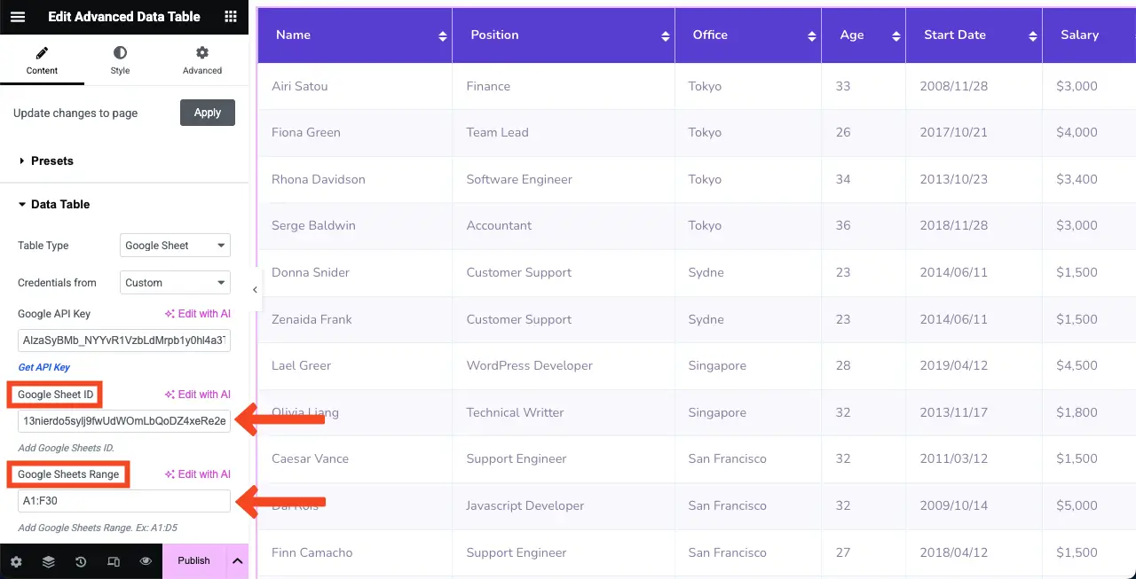 Как встроить лист Google в таблицу WordPress и сделать его сортировкой 11 Add Google Sheet ID and Google Sheet Range