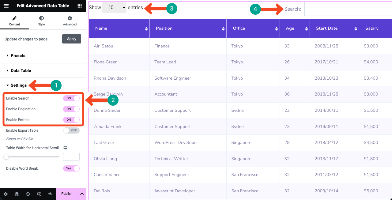 Как встроить лист Google в таблицу WordPress и сделать его сортировкой 15 Configure table the settings