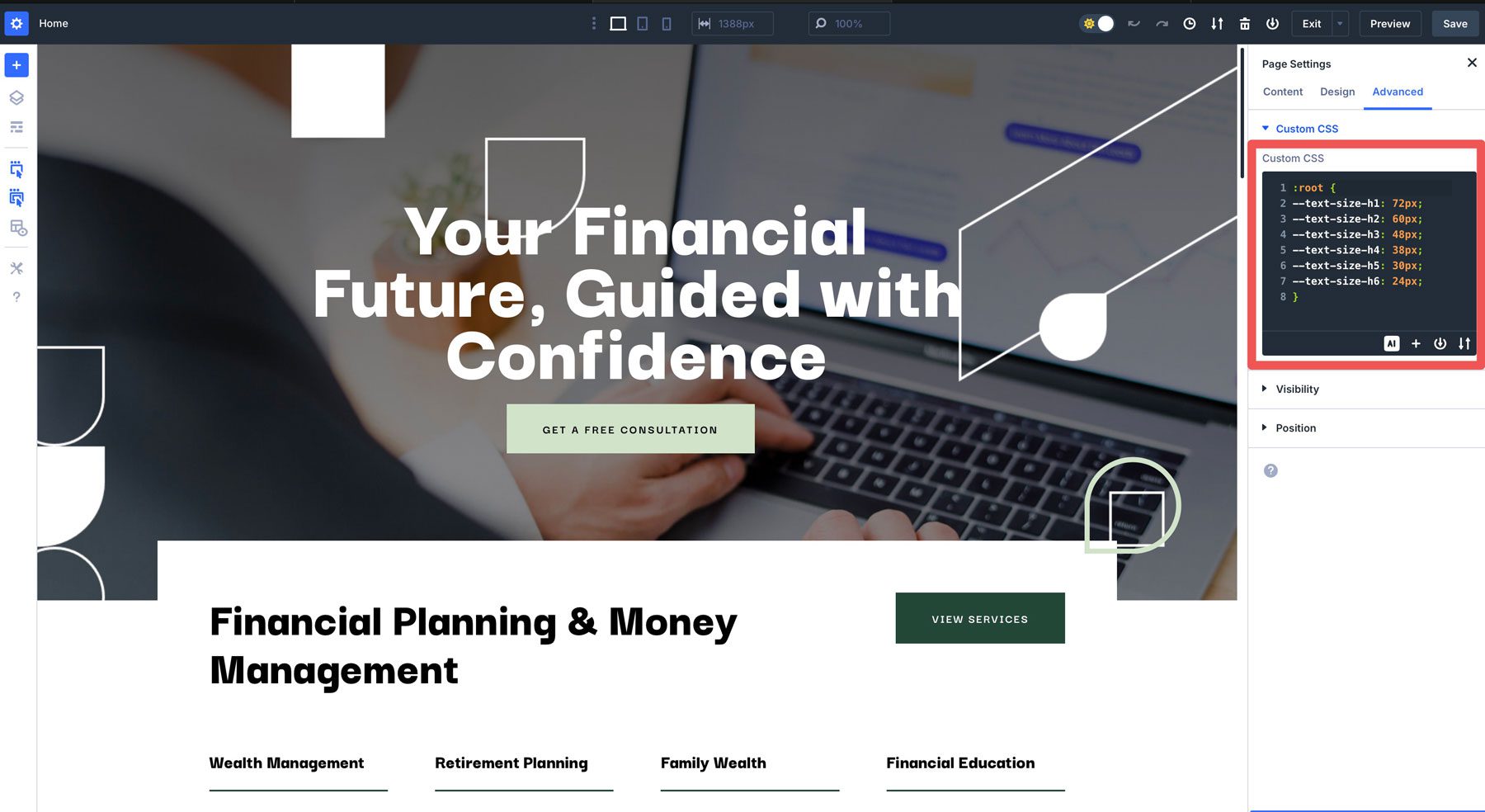 Pagina Divi CSS personalizzata