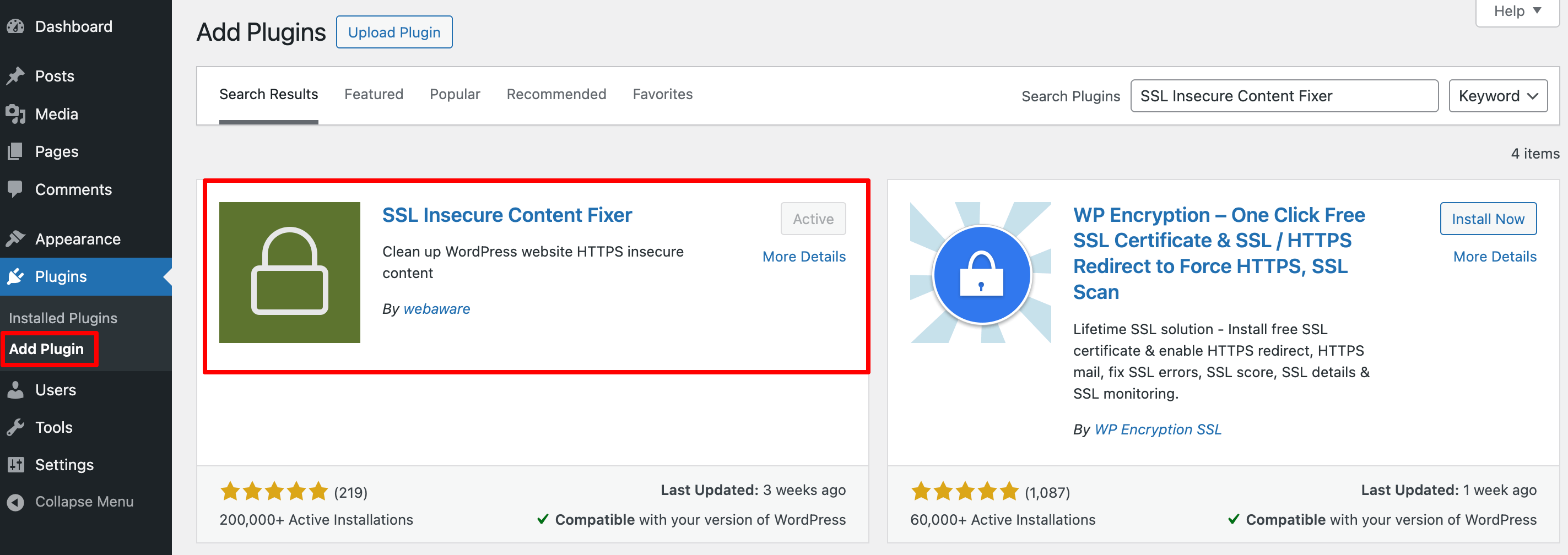 この画像は、SSLの不安定なフィクサーコンテンツプラグインをインストールする方法を示しています