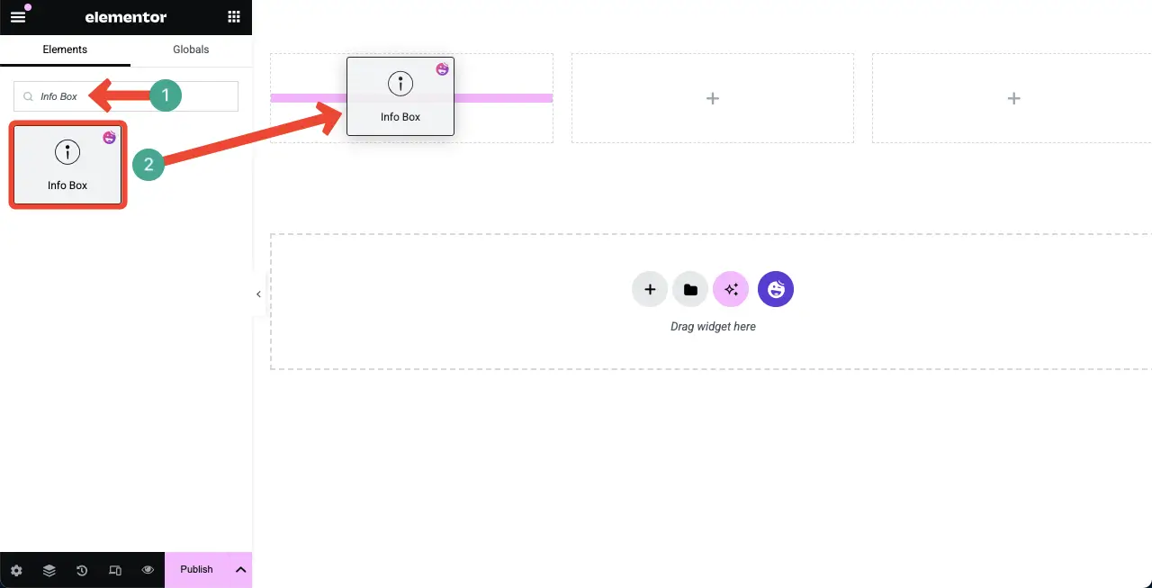 如何使用Elementor 3在WordPress中创建功能框 Drag and drop the Info Box widget to the canvas