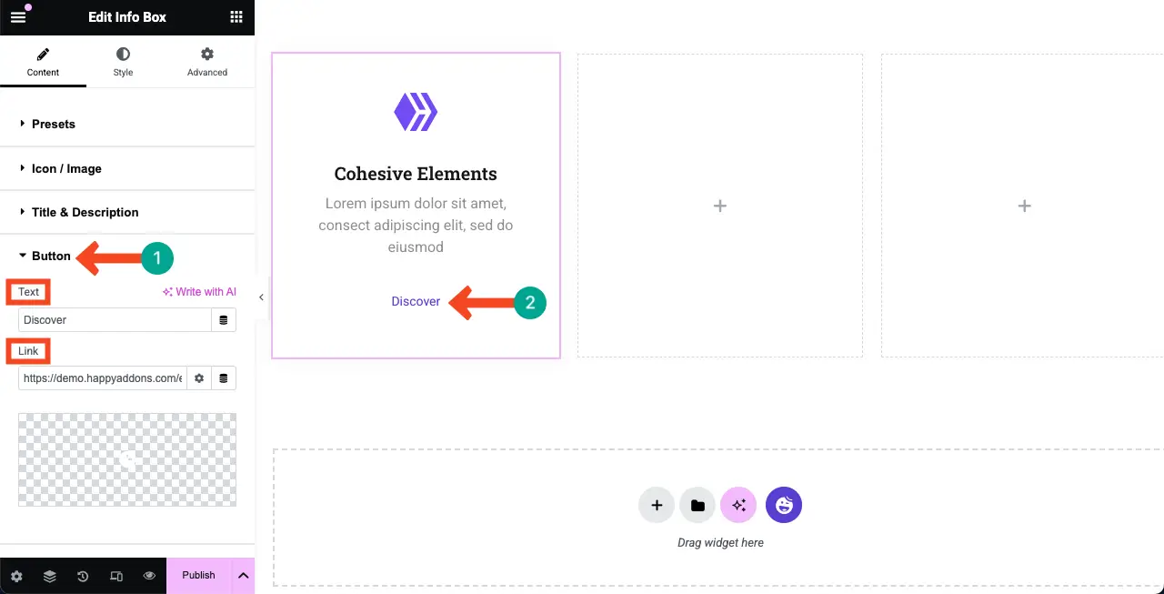 如何使用Elementor 10在WordPress中创建功能框 Configure the Button Settings
