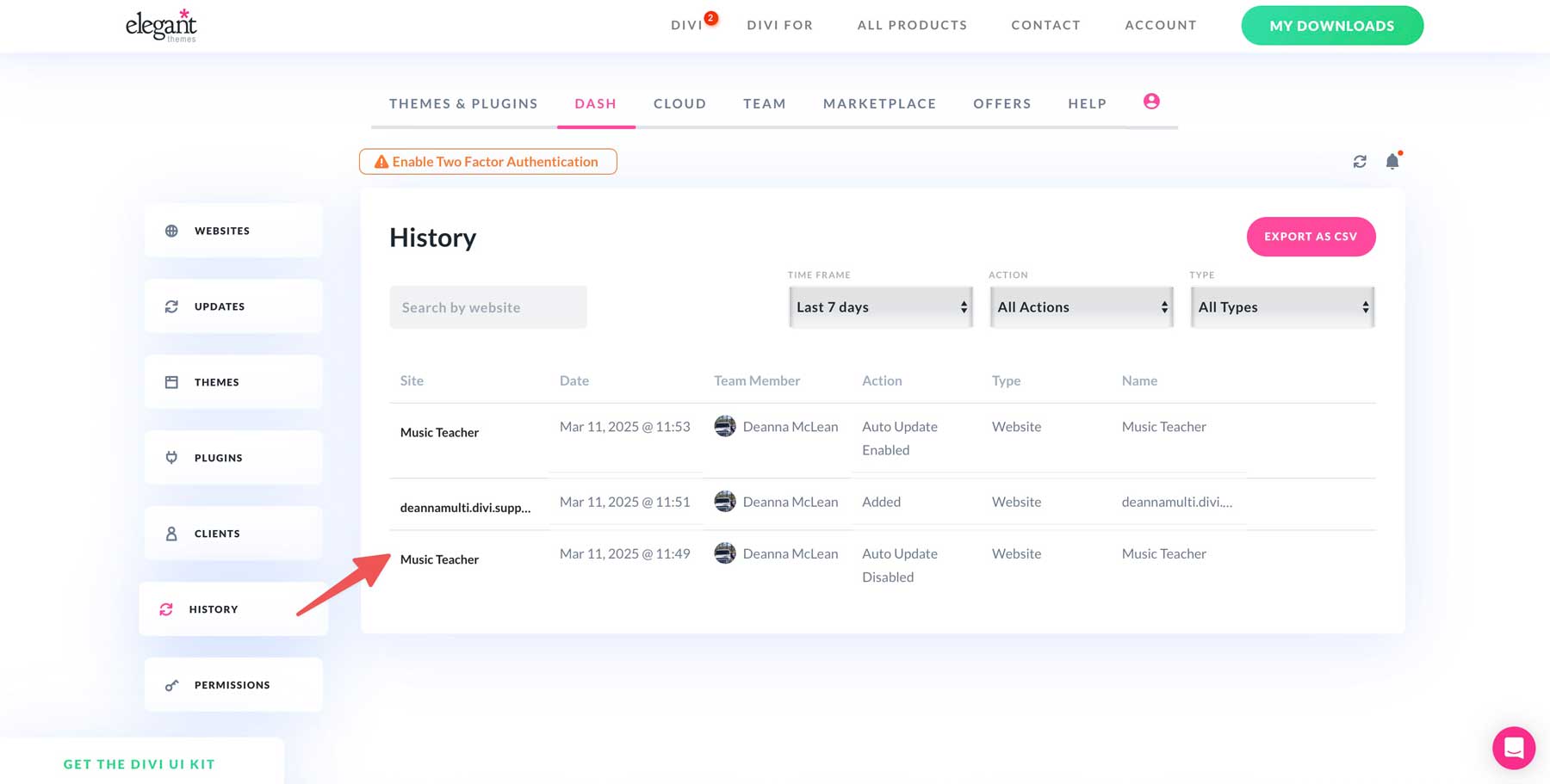 Pestaña Historial de Divi Dash