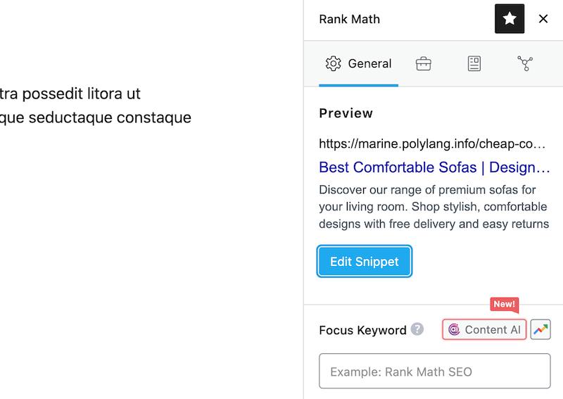 O botão Editar Snippet para adicionar meta tags no WordPress - Fonte: RankMath