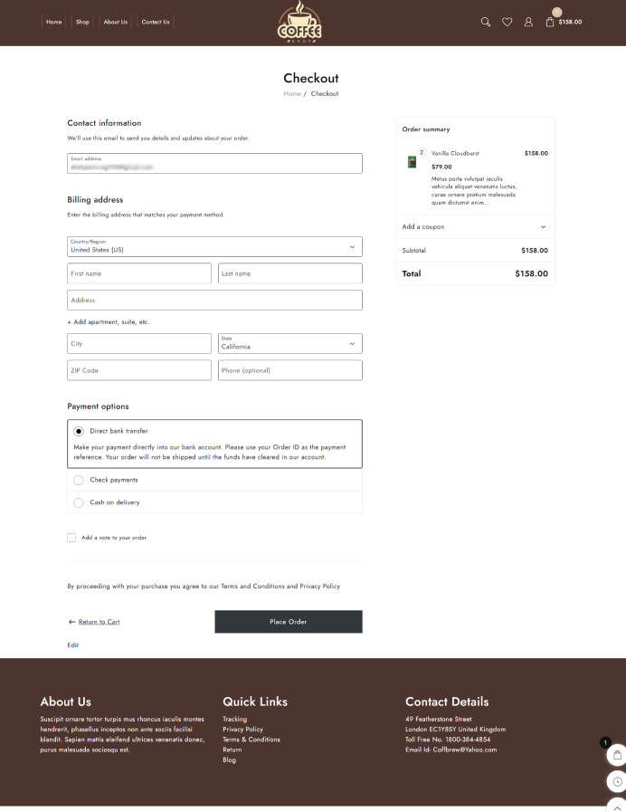 Nueva plantilla de sitio web para cafetería (instalación de un solo clic) 8 checkout page coffee shop 1 edited