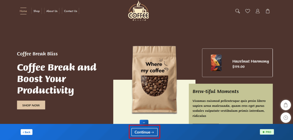 Nueva plantilla de sitio web para cafetería (instalación de un solo clic) 23 coffe store continue
