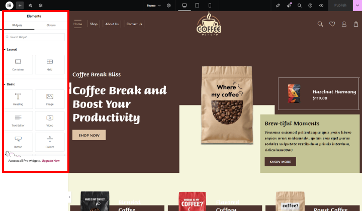 Nuevo plantilla de sitio web para cafetería (instalación de un solo clic) 27 coffee shop elementor page