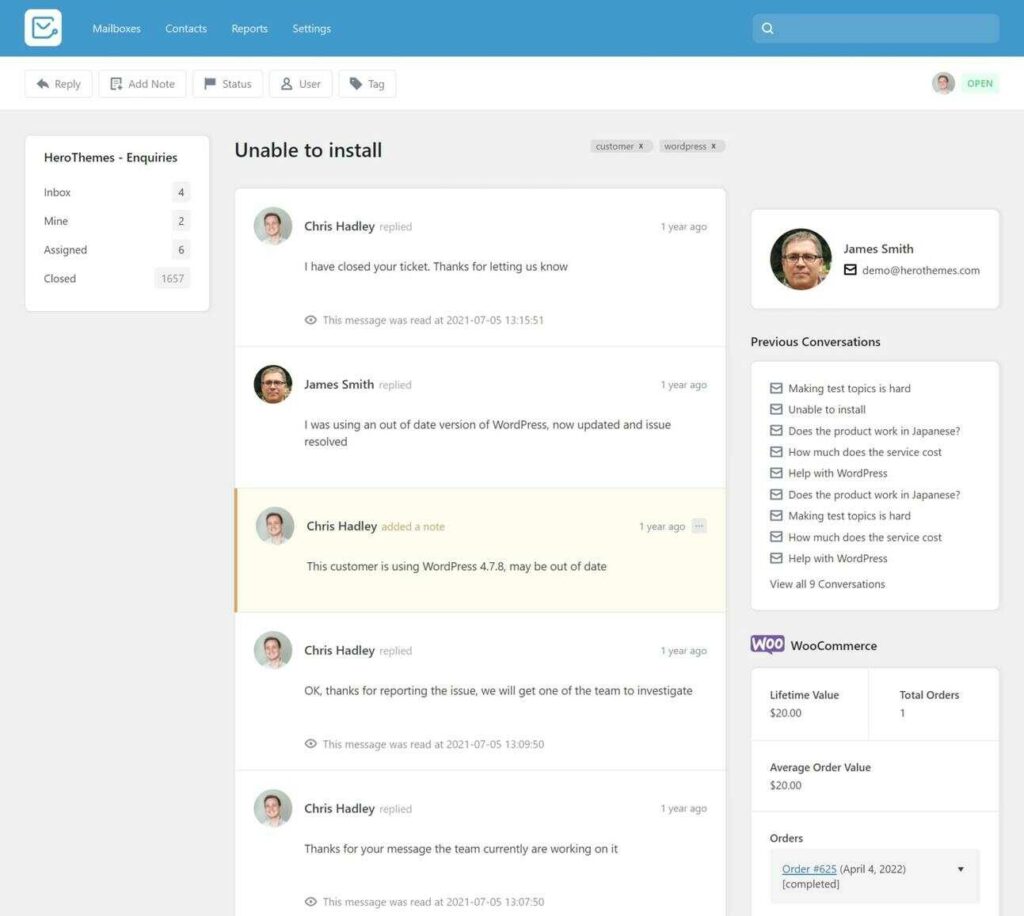 Heroic-Inbox-Ticket-Interface-Herothemes Ticket interface of a help desk support.