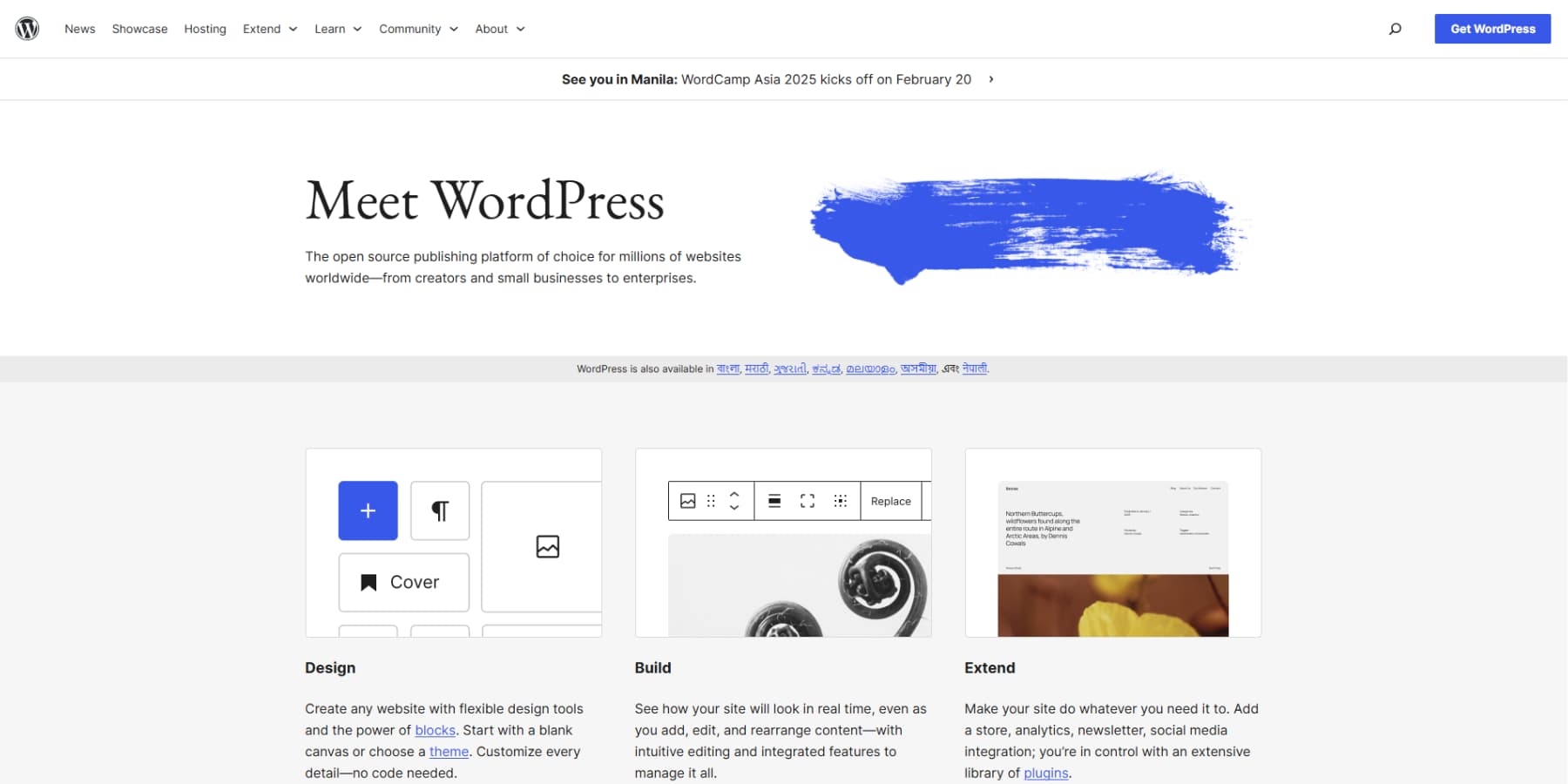 Uma captura de tela da página inicial do WordPress