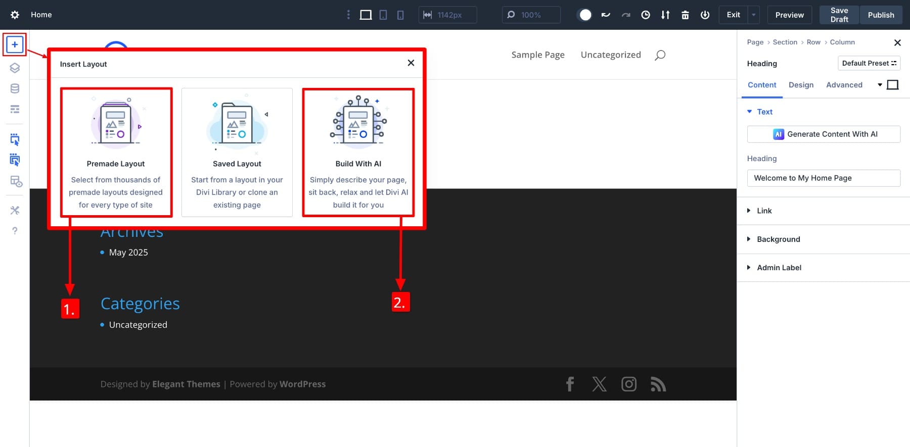 事前に設計されたレイアウトをインポートするか、Divi AIで作成します