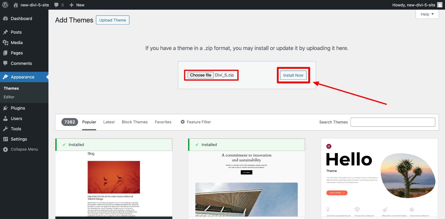Divi 5 zipファイルをインストールします