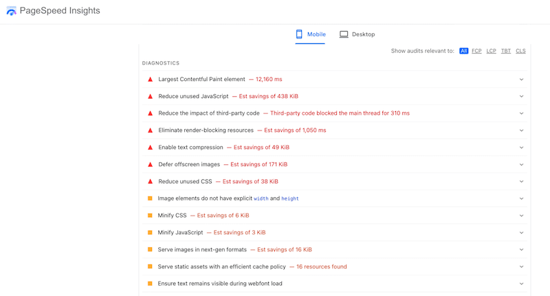 Google Psi'den Diagnostics bölümü örneği - Kaynak: PagePeed Insights