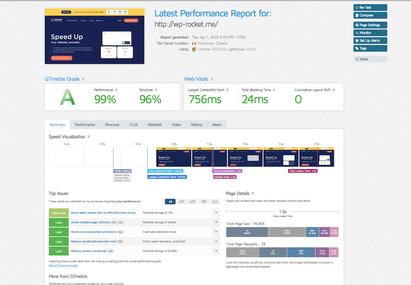 GTMetrix'teki bir Performans Raporu Örneği - Kaynak: GTMetrix
