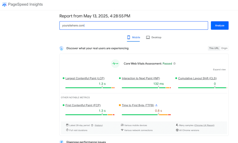 PSI ile bir denetim çalıştırmak - Kaynak: PagesPeed Insights