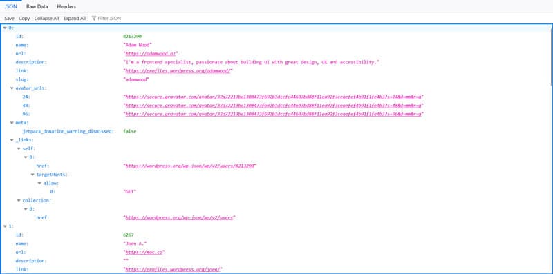Datos visibles en el punto final de la API de los usuarios de WordPress