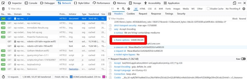 encabezado de seguridad visible en herramientas de desarrollador de navegador