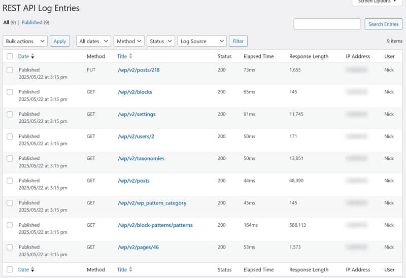 Registro de solicitud de API de WordPress REST
