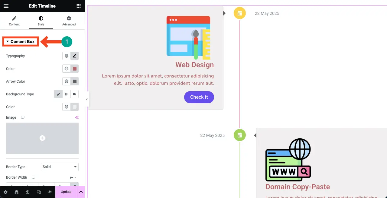 Jak utworzyć oś czasu w WordPress z Elementor 25 Customize content of the verticle timeline widget