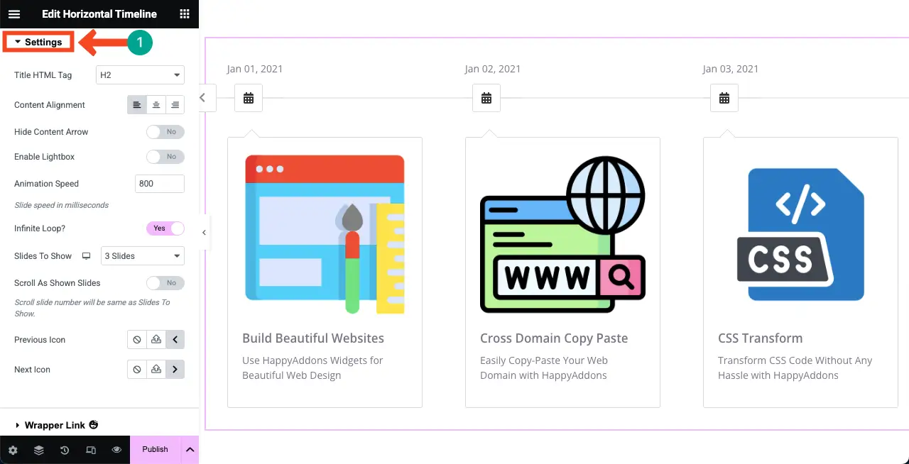 Jak utworzyć oś czasu w WordPress z Elementor 11 Configure Settings for the Horizontal Timeline Widget