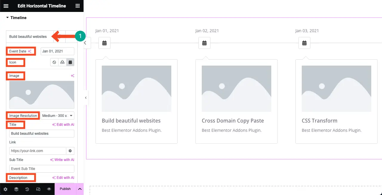 Jak utworzyć oś czasu w WordPress z Elementor 7 Add content to the tabs of the Horizontal Widget