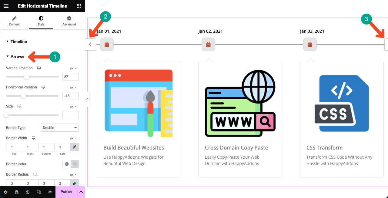 Jak utworzyć oś czasu w WordPress z Elementor 15 Stylize the arrow icons of the timeline