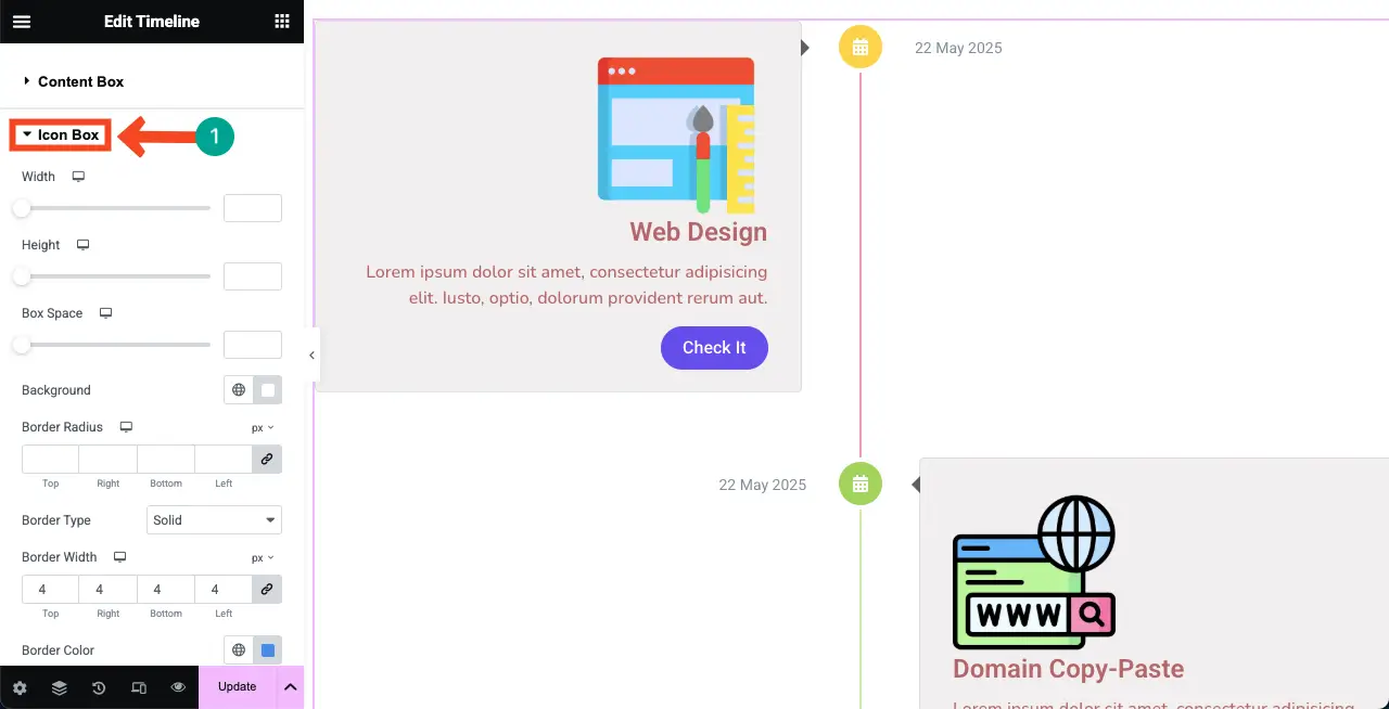 Jak utworzyć oś czasu w WordPress z Elementor 26 Stylize the Icon Box of the Verticle Timeline Widget