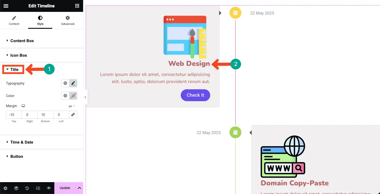 Jak utworzyć oś czasu w WordPress z Elementor 27 Stylize the title of the verticle timeline widget