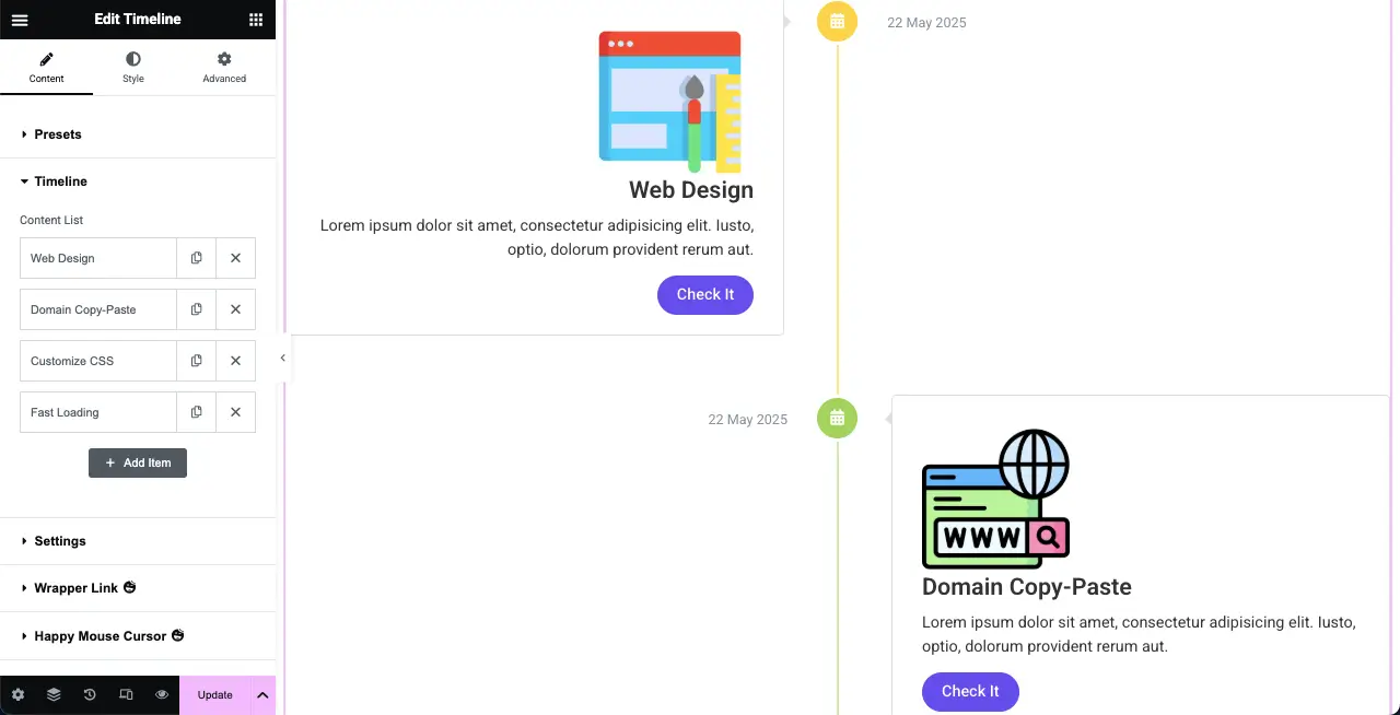 Jak utworzyć oś czasu w WordPress z Elementor 22 Complete adding content to the verticle timeline