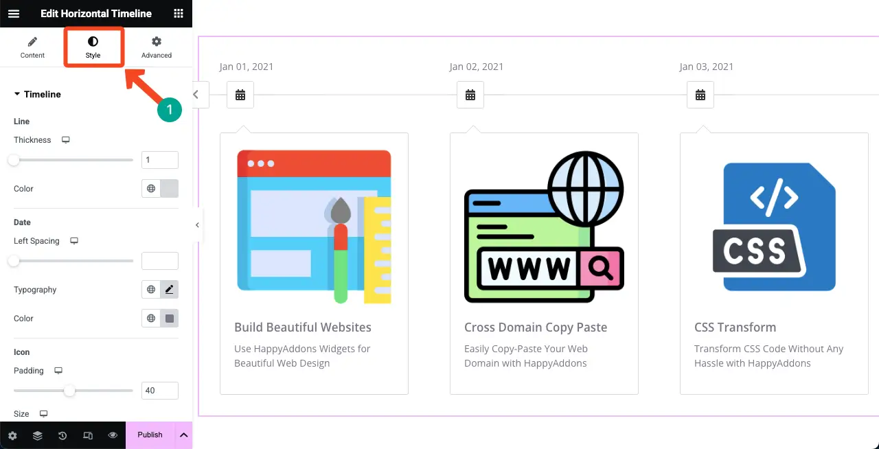 Jak utworzyć oś czasu w WordPress z Elementor 12 Go to the Style tab of the Horizontal Timeline widget