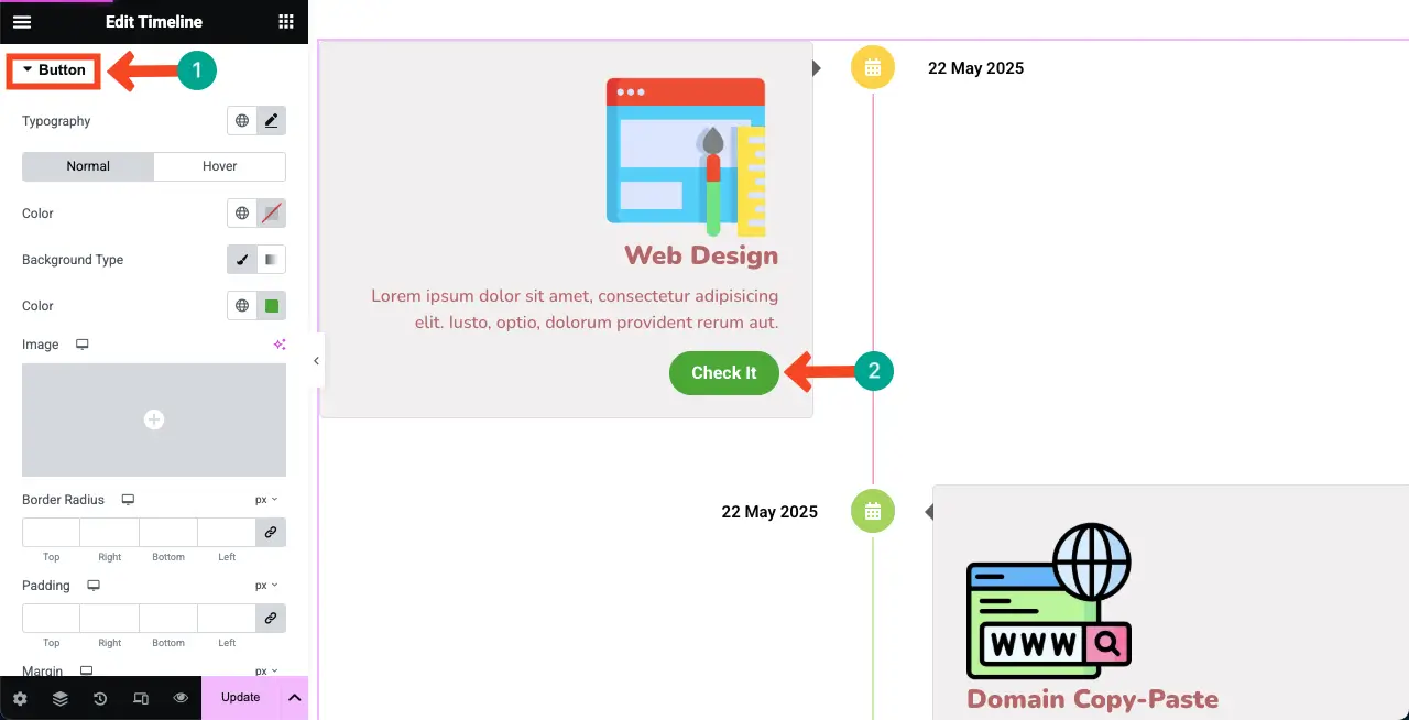 Jak utworzyć oś czasu w WordPress z Elementor 29 Stylize the button on the verticle timeline widget