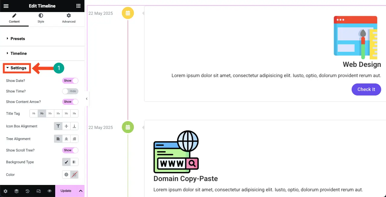 Jak utworzyć oś czasu w WordPress z Elementor 23 Configue Settings for the Verticle Timeline Widget